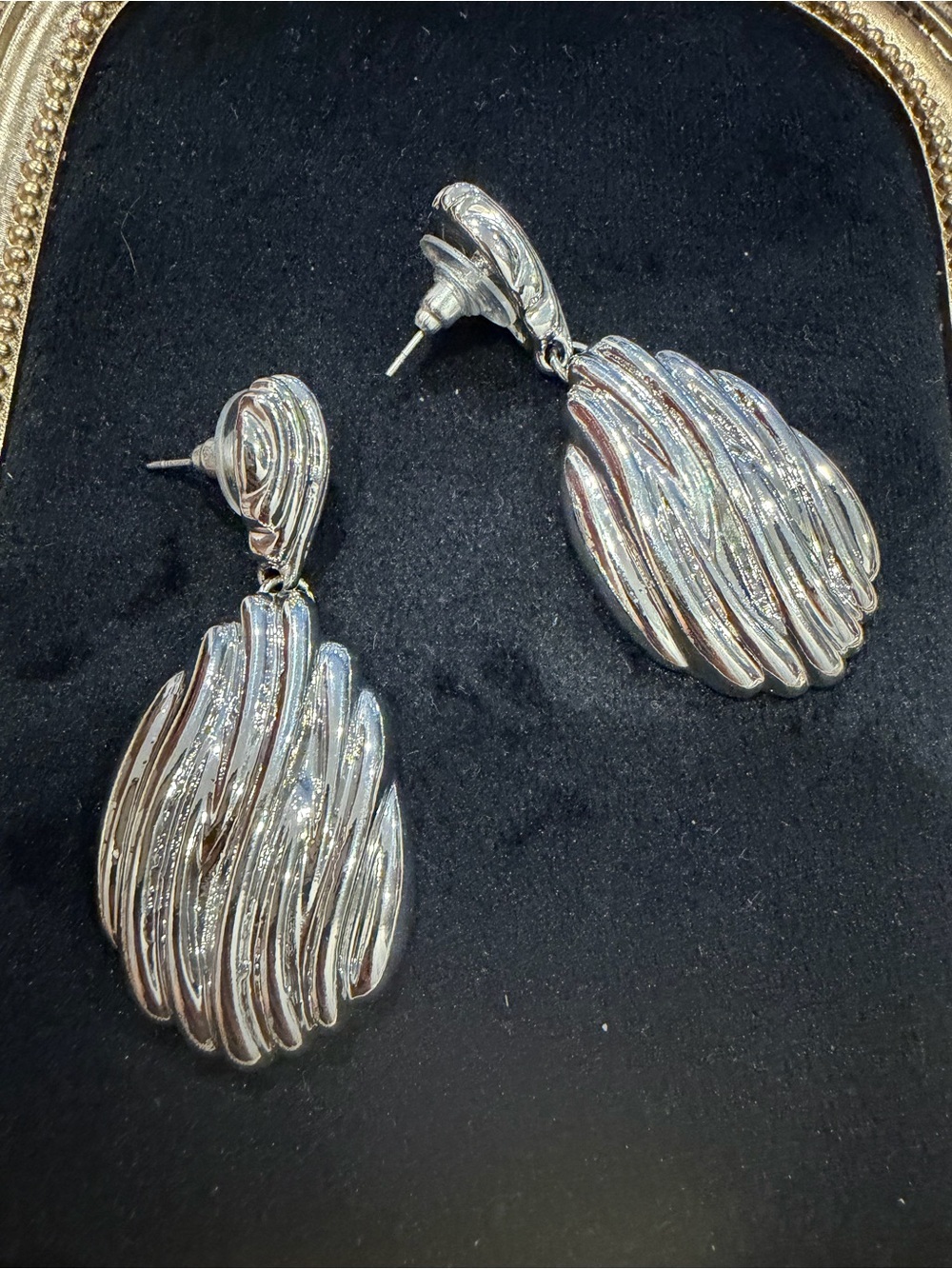 Silver Tone Textured Statement Drop Earrings - Picture 4 of 4